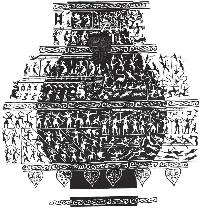 A drawing of patterns on a bottle dating back to the Warring States Period (475-221 B.C.), housed in the Palace Museum. The patterns show activities such as fishing, hunting, and banqueting.